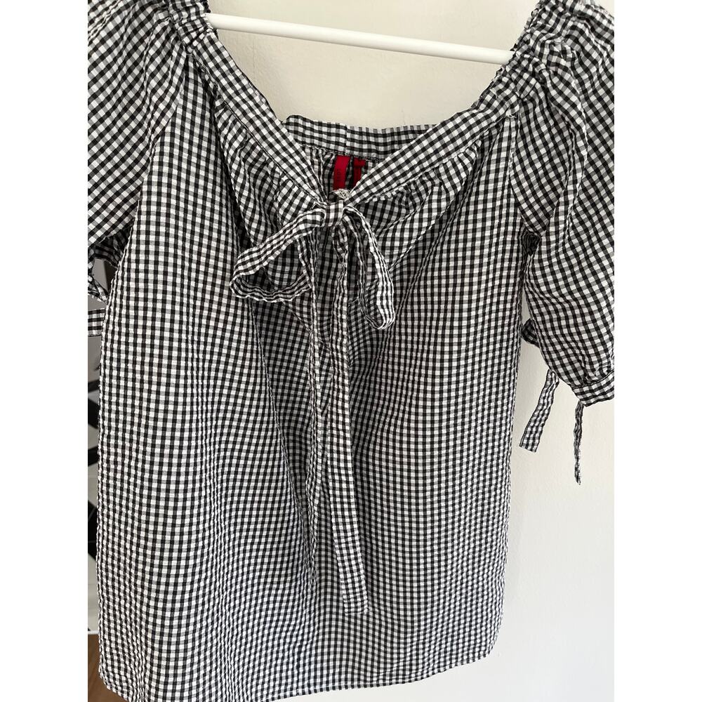 Womens M Gingham Blouse Top On Off Shoulder Peasant Cottagecore Western